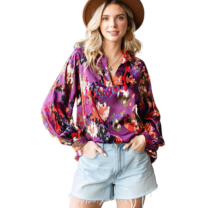 Wholesale Personalized Women's Satin Fabric Graffiti Printed Fluffy Sleeve Shirts