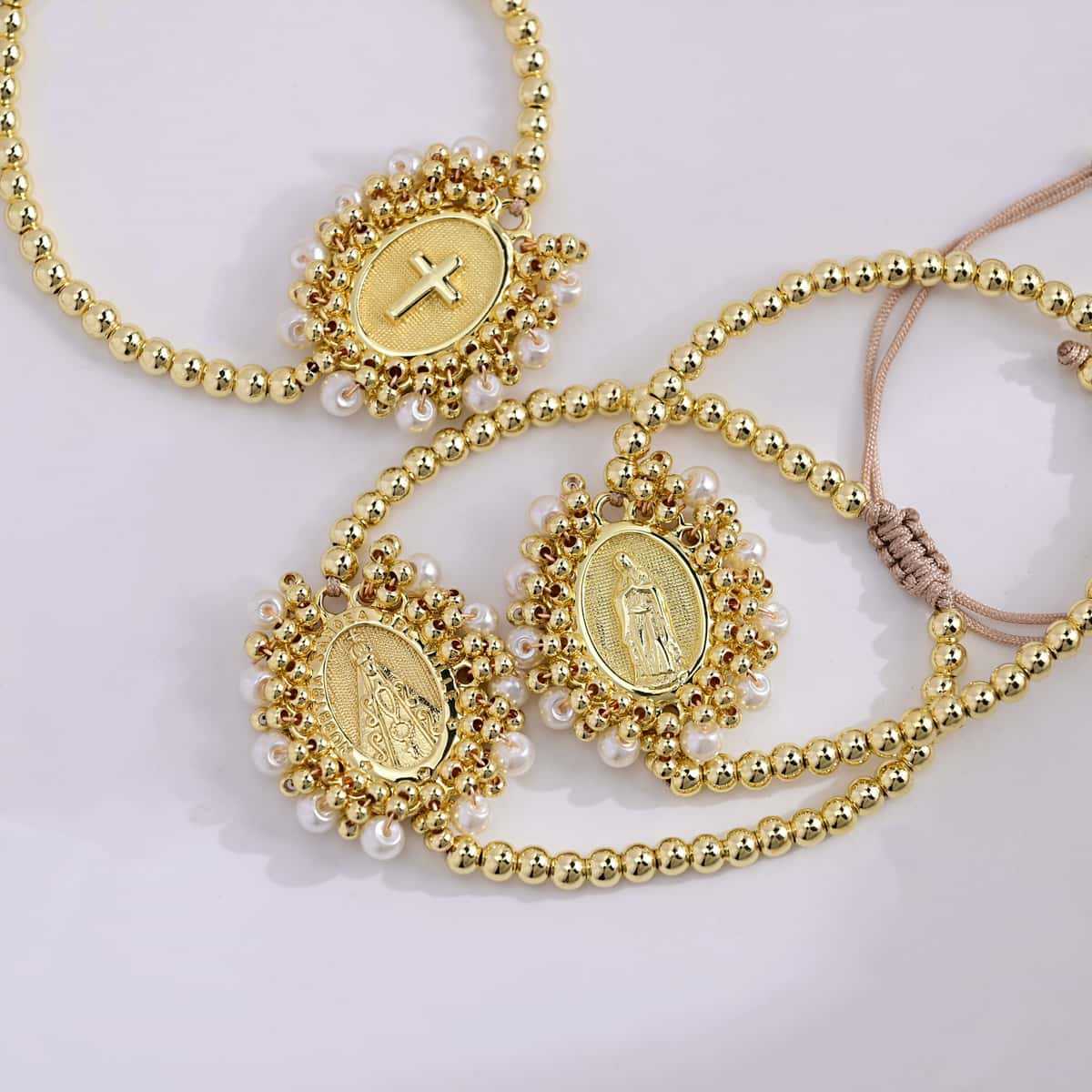 Wholesale Gold plated copper bead pearl adjustable drawstring layered bracelet