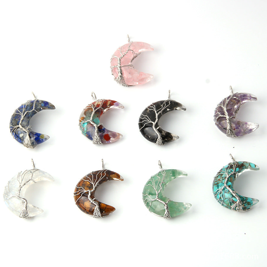 Wholesale Moon Wrap Tree of Life Gravel Pendant Resin Stainless Steel Chain Tooth Necklace