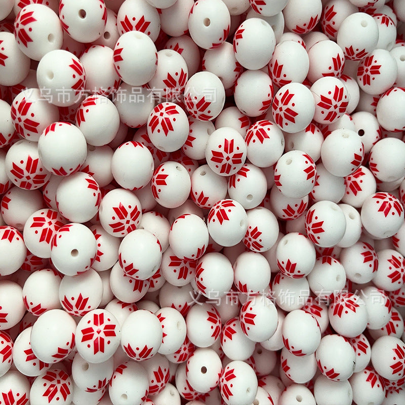 Wholesale 50pcs DIY Christmas Snowman Christmas Tree Printing 15mm Silicone Beads