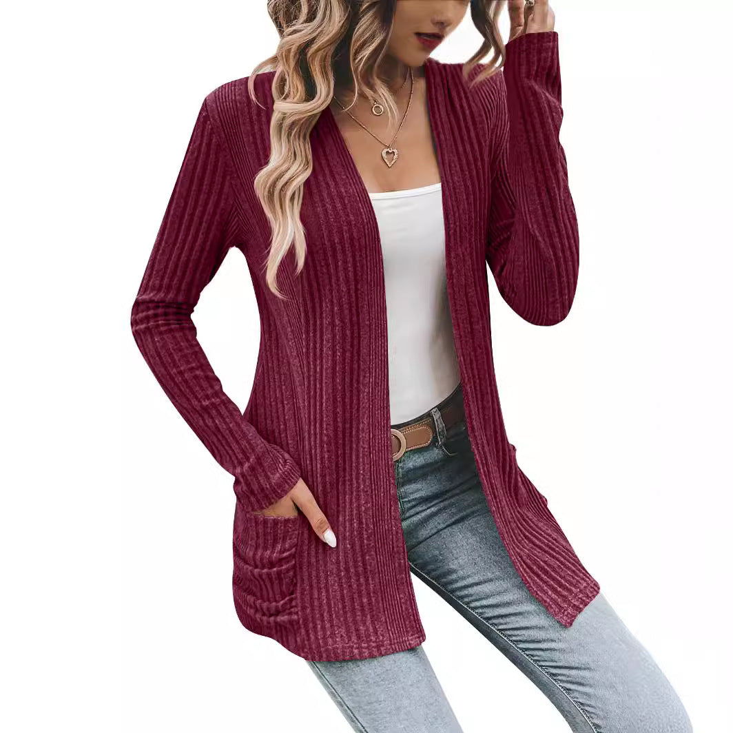 Wholesale Polyester European and American Autumn and Winter New Style Long-sleeved Solid Color Mid-length Knitted Cardigan Pocket Coat Sweater for Women
