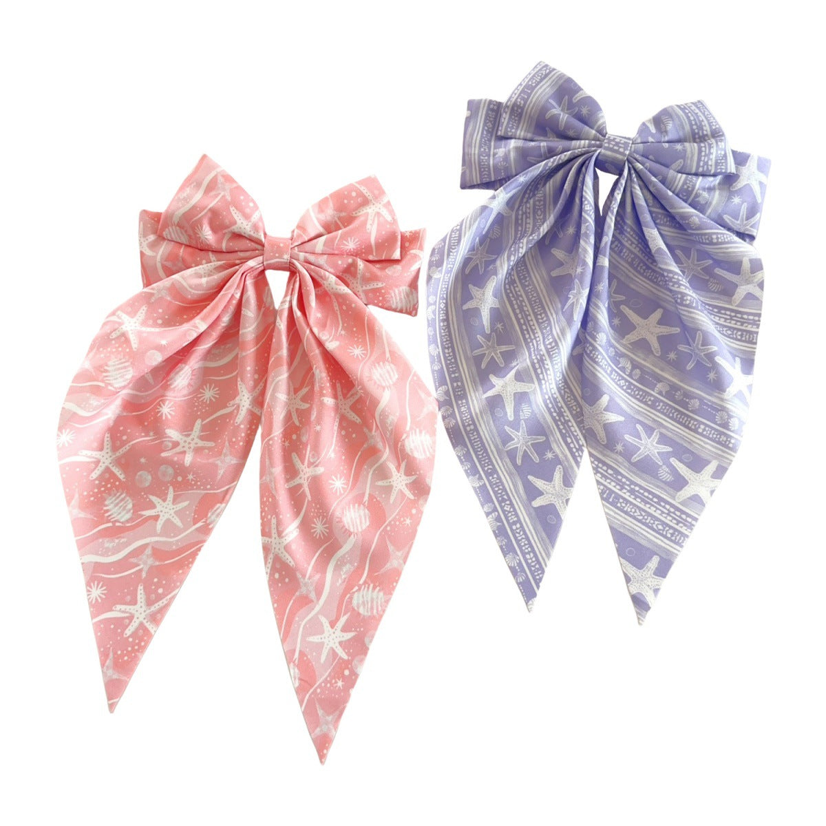 Wholesale Summer beach hair clip with starfish and seashell print  long ribbon bow