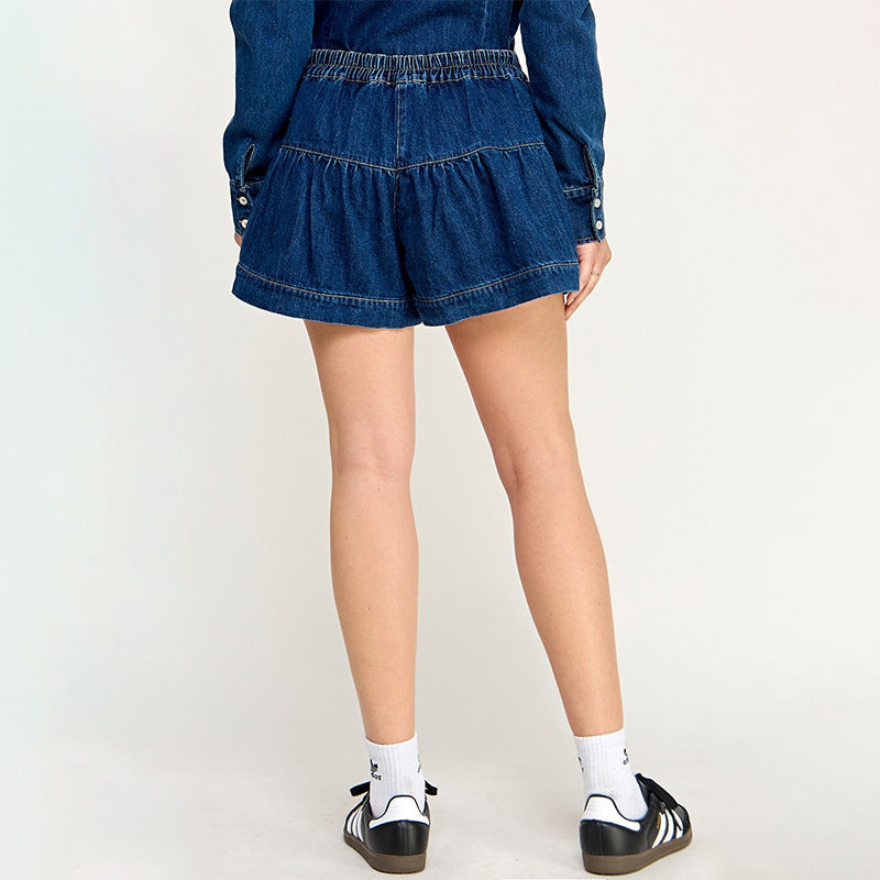 Wholesale High waisted denim shorts with ruffles