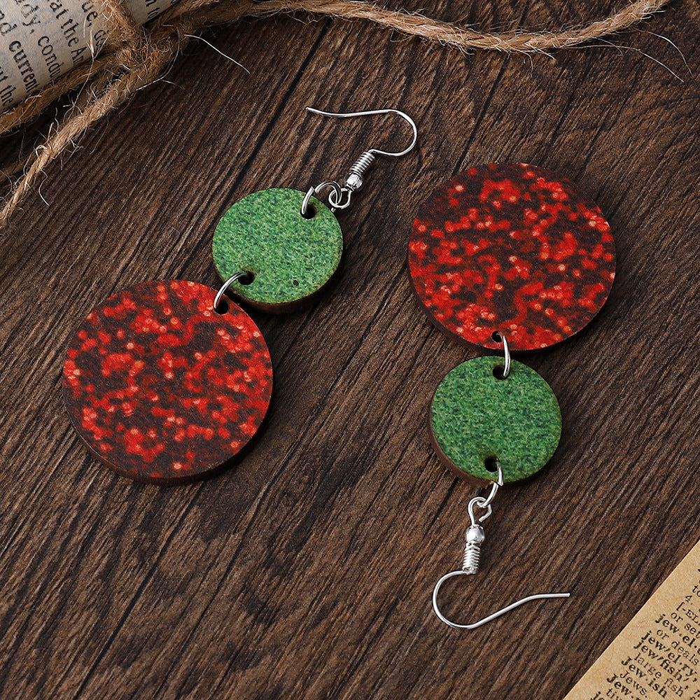 Wholesale Christmas Round Double Sided Wooden Sequin Glitter Red and Green Earrings