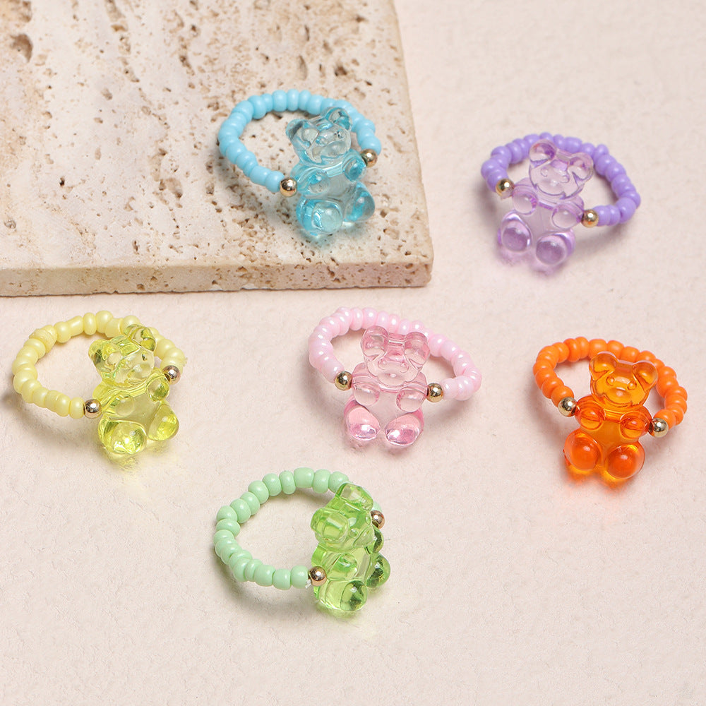 Wholesale Frozen Resin Bear Adjustable Rice Bead Ring 6 Sets