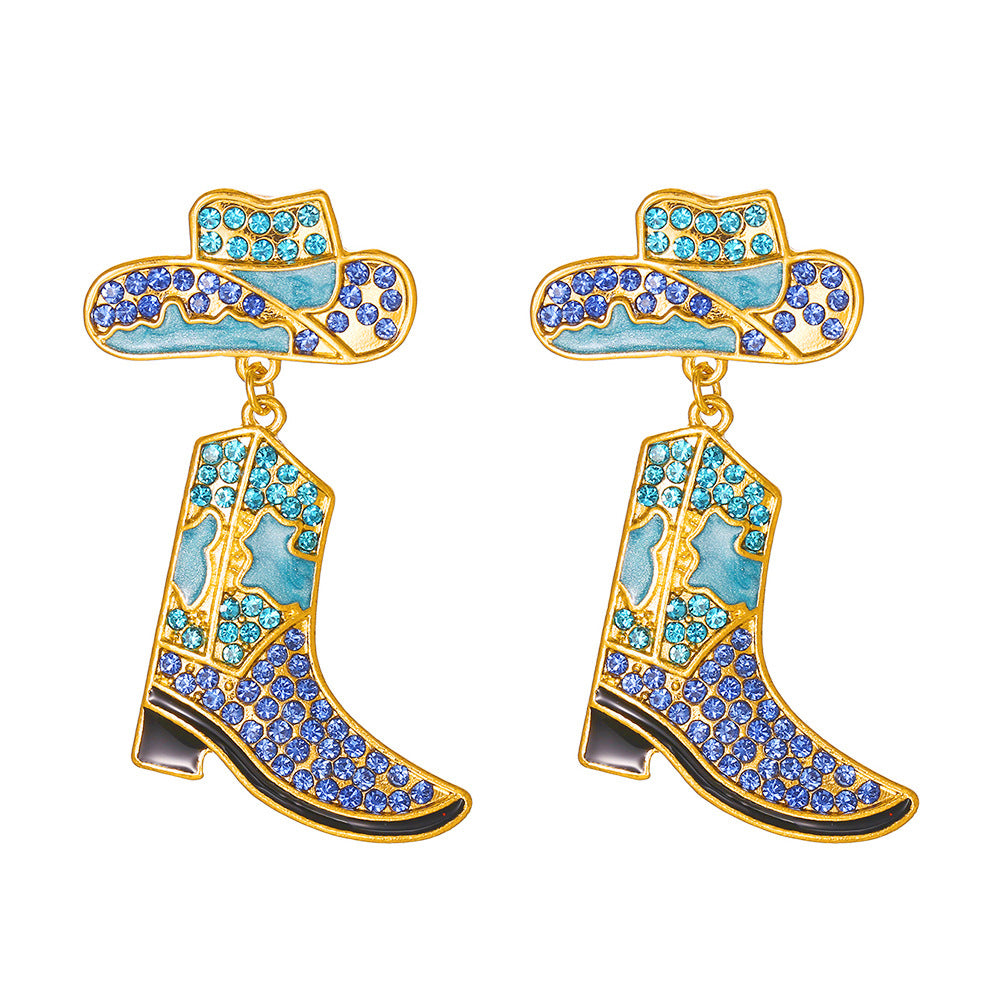 Wholesale Alloy Drop Oil Diamond Studded Western Cowboy Hat Boots Earrings