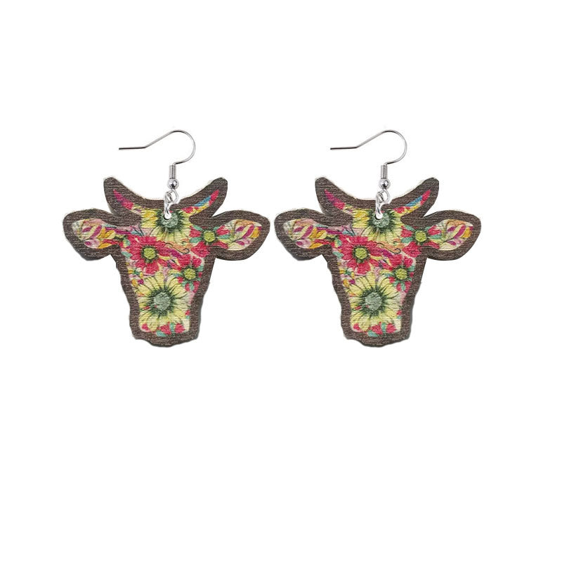 Wholesale Wood Sunflower Flower Bull Head Earrings
