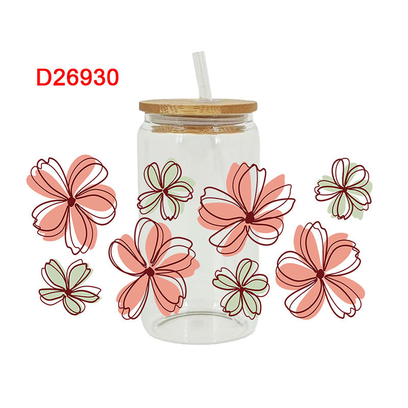 Wholesale Pink and red flowers 16oz Cup UV DTF Wraps