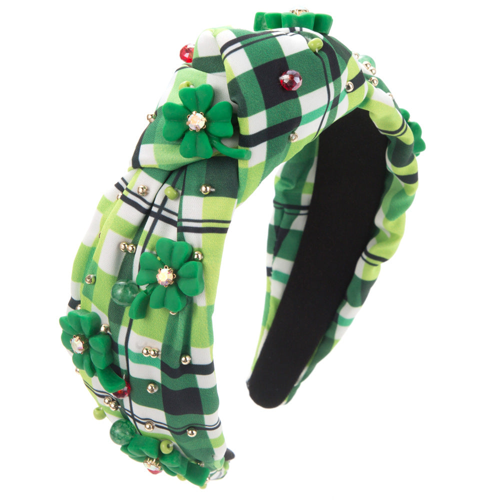 Wholesale Irish Festival Green Plaid Floral Fabric Hand-stitched Pearl Glass Diamond Headband