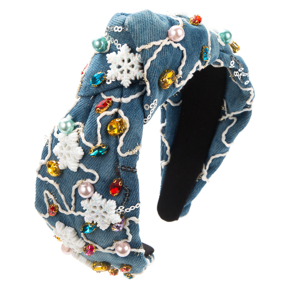 Wholesale Stylish High Quality Denim with Diamond and Pearl Headbands Christmas Day Party Hair Accessories
