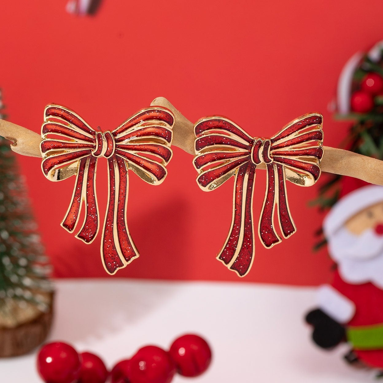Wholesale Christmas Earrings with Bow Red Green Glitter Pink Alloy Earrings
