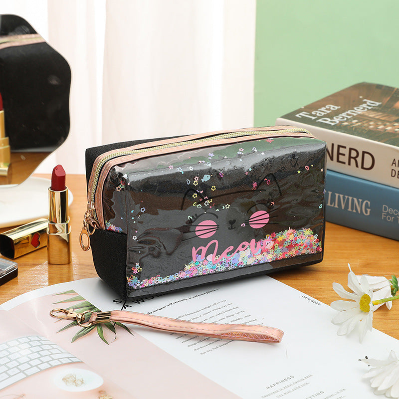 Wholesale Cat cartoon cosmetic bag quicksand pencil case cosmetic bag