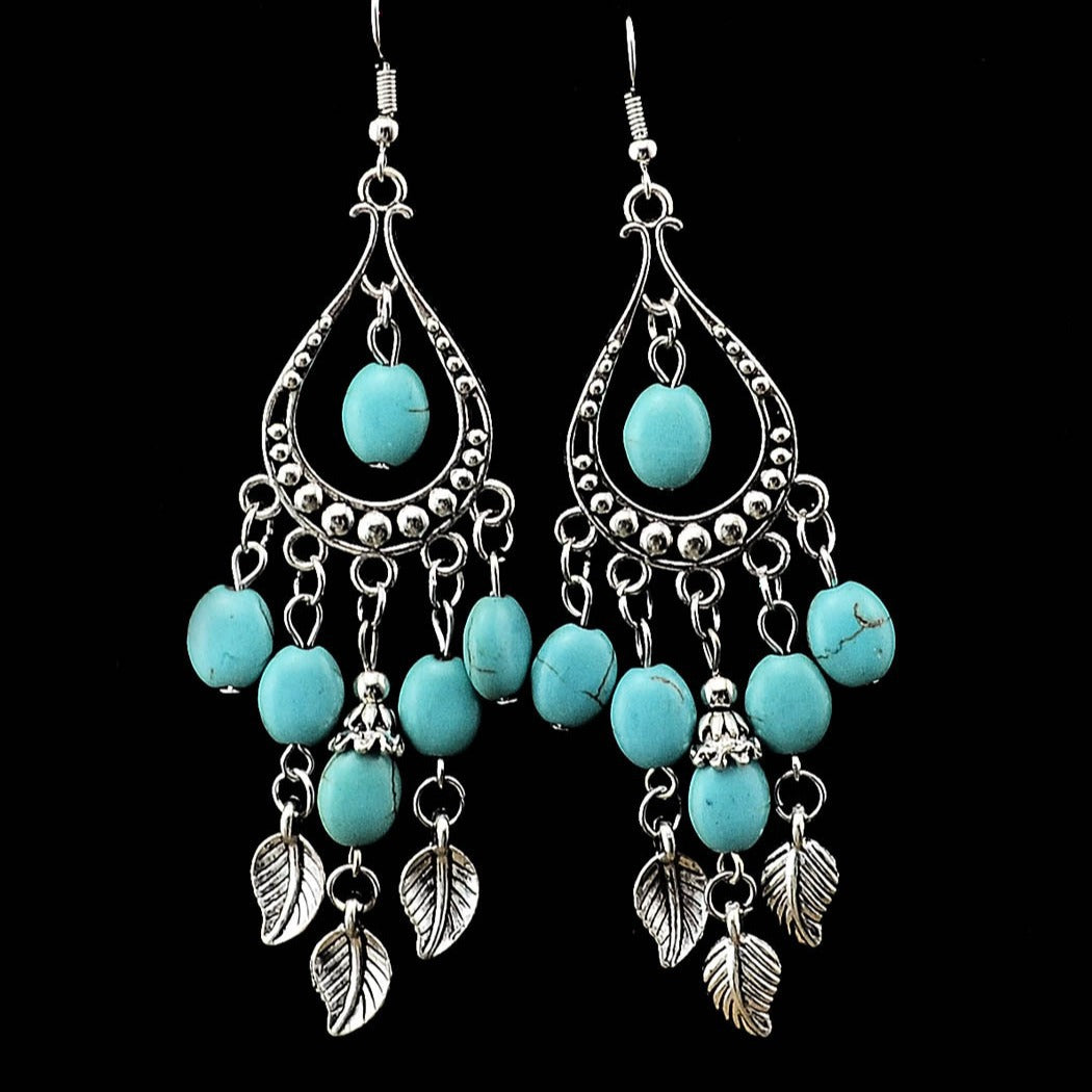 Wholesale Small leaf and twig tassel turquoise earrings