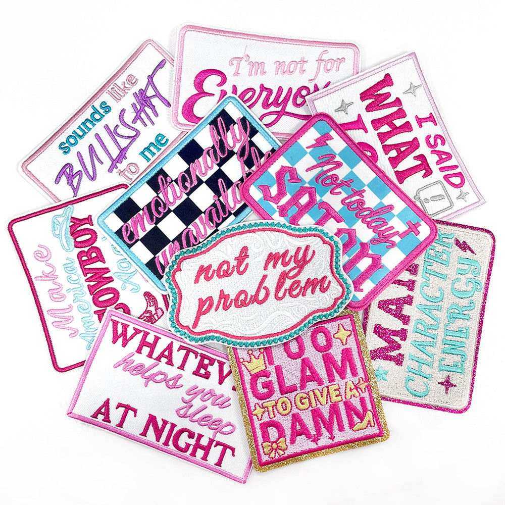 Wholesale 20 Styles Pink Letter Gold Plaid Polyester DIY Iron On Embroidered Patches For Shoes Hats Stylish Gift