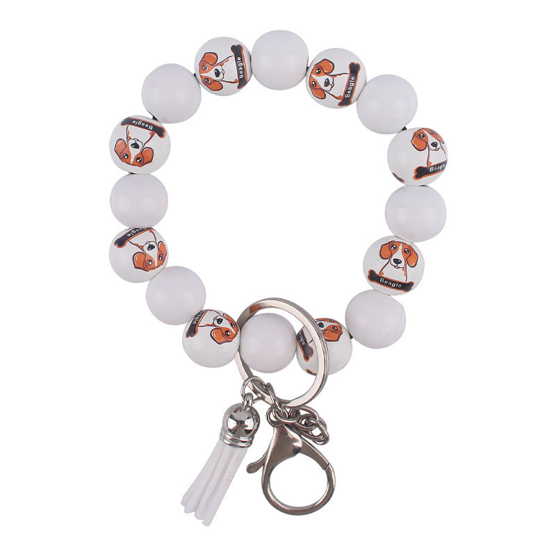 Wholesale Wooden Dog Leather PU Small Tassel DIY Beaded Bracelet Keychains