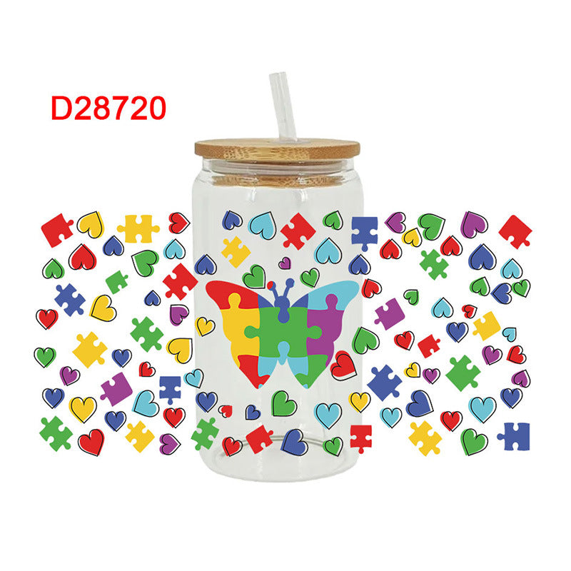 Wholesale Colorful Cartoon Puzzle 16oz Cup UV DTF Wraps