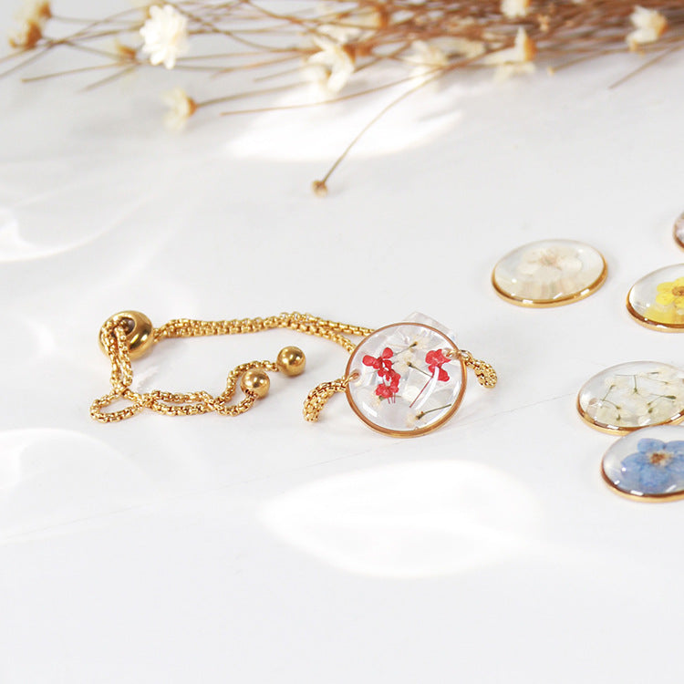 Wholesale 10pcs Round Dried Flower Gold and Silver Colorful Small Flower Stainless Steel Bracelet