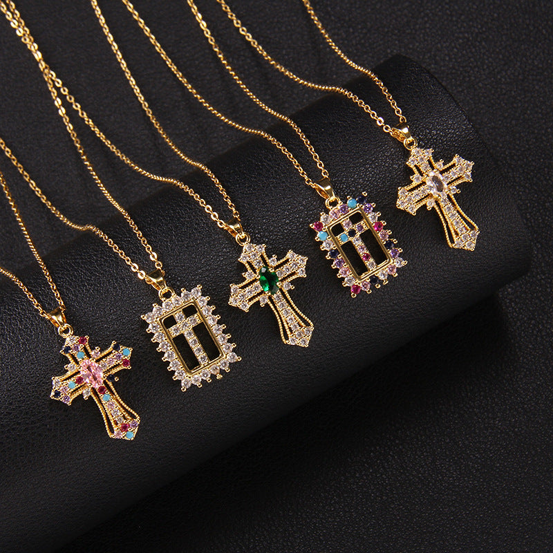 Wholesale Colorfulful Zircon Men' s and Women' s Cross Necklace Niche Design