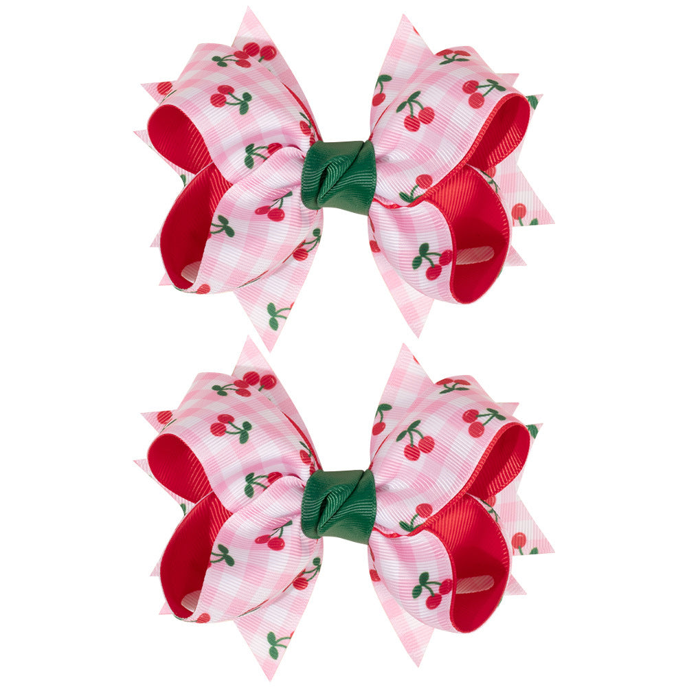 Wholesale Pink Plaid Cherry Print Bow Hairpin