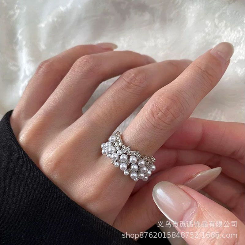 Wholesale Light Luxury Pearl Zircon Open Ring Niche Exquisite  Finger Ring