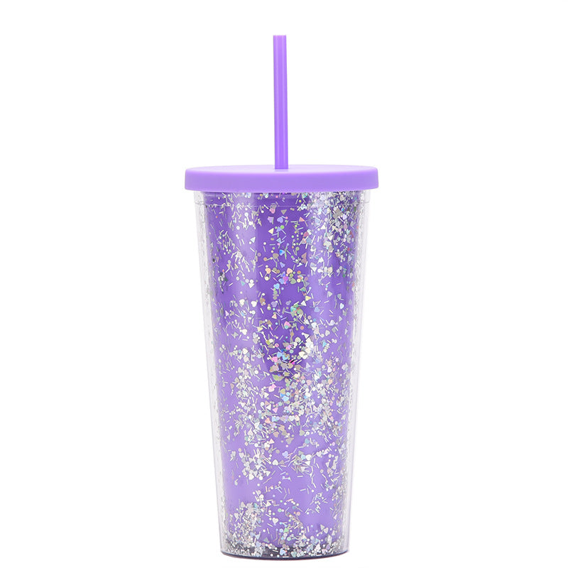 Wholesale  24OZ Double Layer Plastic Cup Sequins Glitter Creative Water Cup with Straw