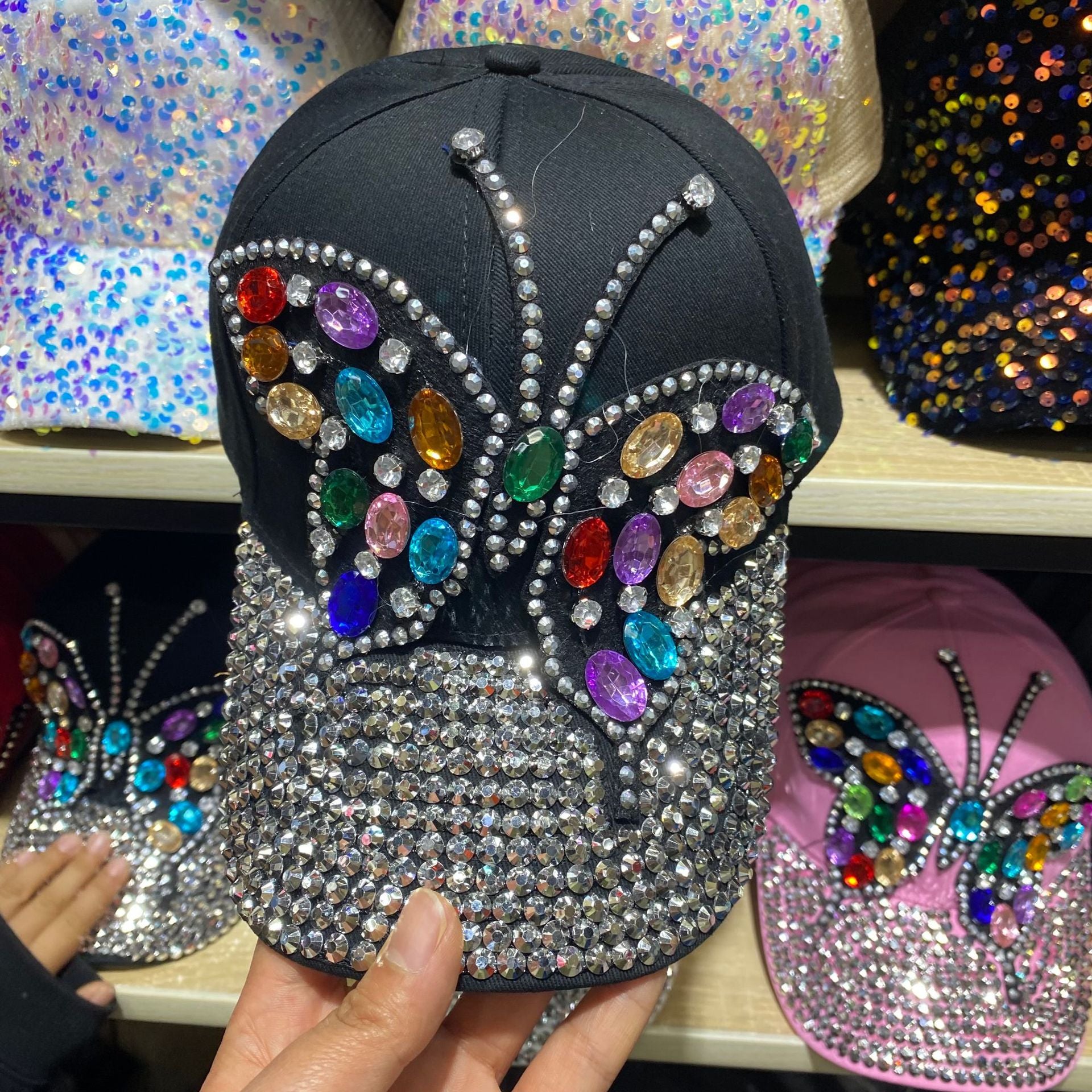 Wholesale Colored Diamond Butterfly Denim Cotton Baseball Caps