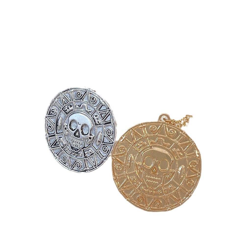 Wholesale Jewelry Pirates of the Caribbean Necklace  Gold Coin Chain Men Skull Necklace Pendant