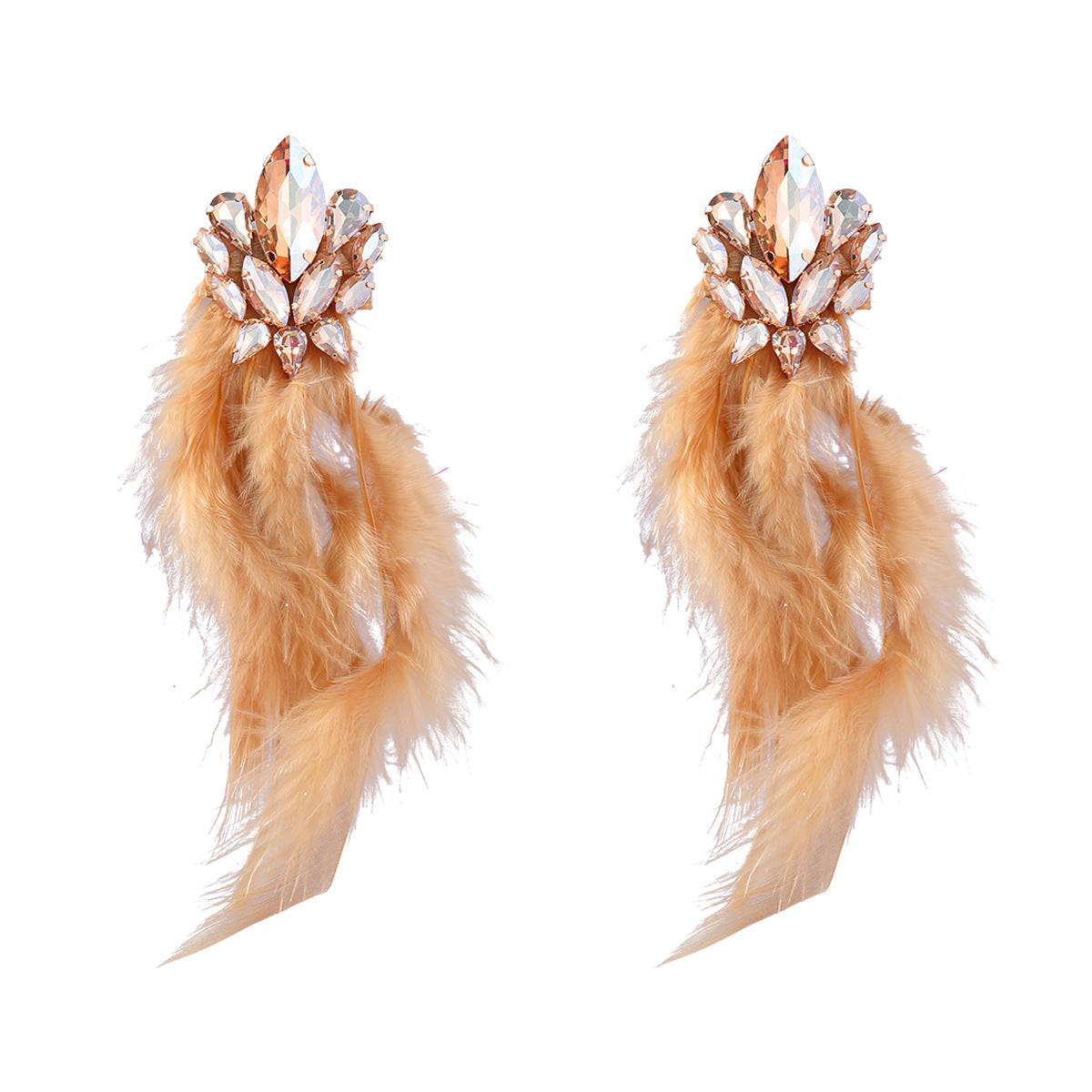 Wholesale Exaggerated Alloy Diamond Floral Long Feather Tassel Earrings