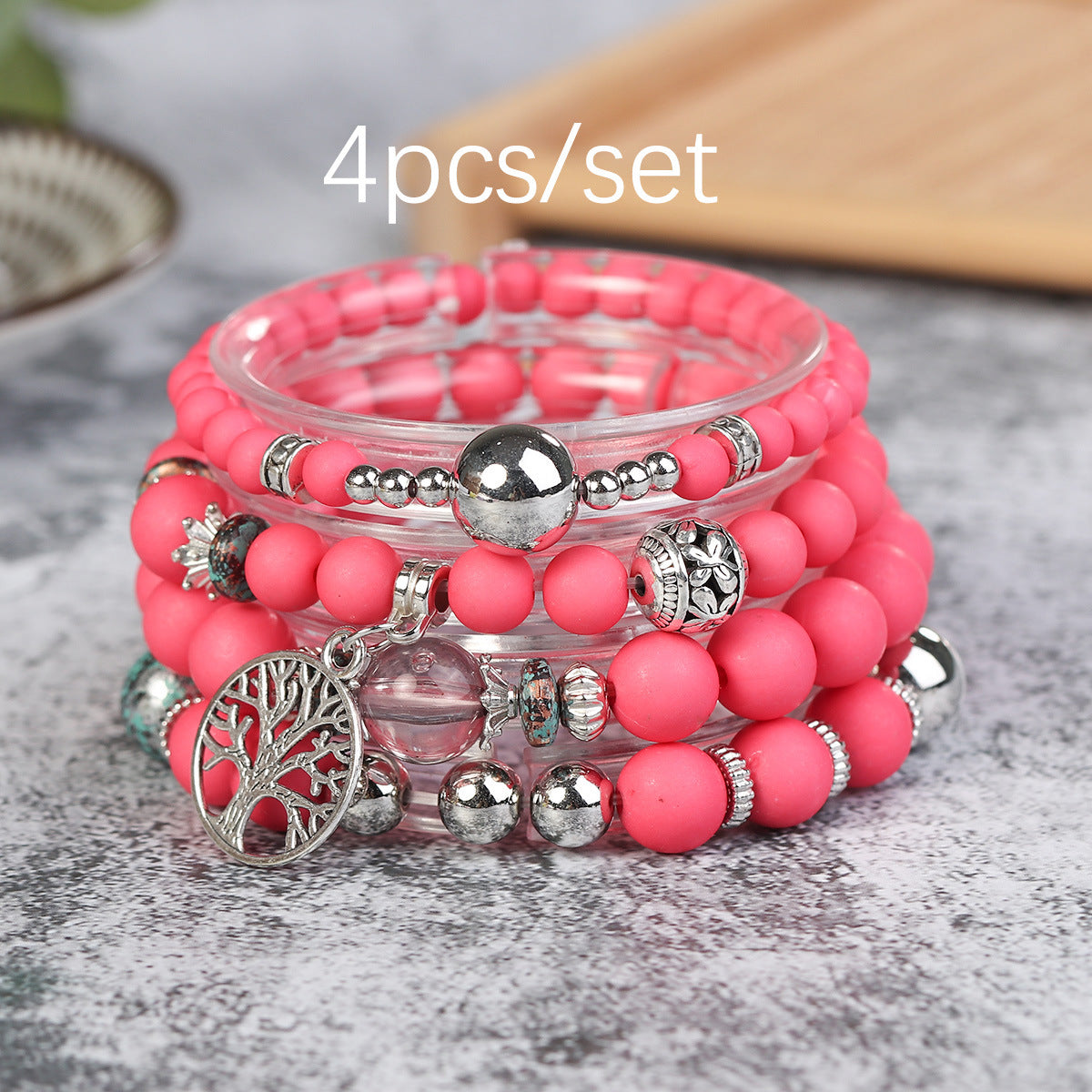 Wholesale Life Tree Demon Eye Multi Layered Pendant Glass Elastic Bracelet