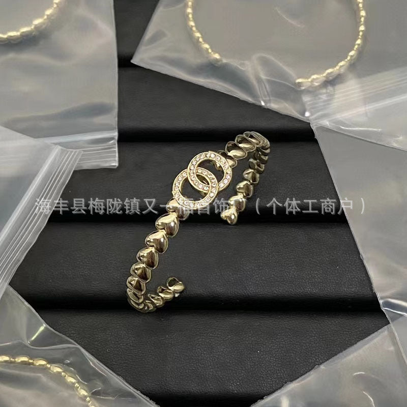 Wholesale New Double C Letter Diamond Piercing Leather Small Chanel Style Bracelet Retro Fashion All-match Bracelet
