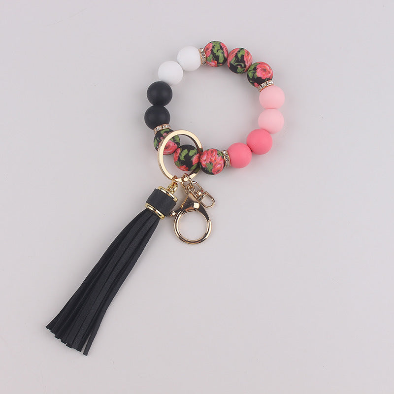 Wholesale 3pcs Food Grade Silicone Bead Key Bracelet Printed Silicone Wrist Keychain