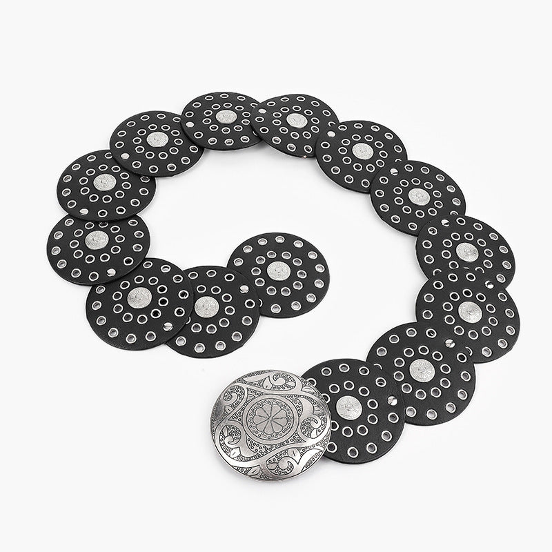 Wholesale Hot Girl Subculture Disc Hook Imitation Leather Retro Rivet Stitching Gold Waist Wide Belt