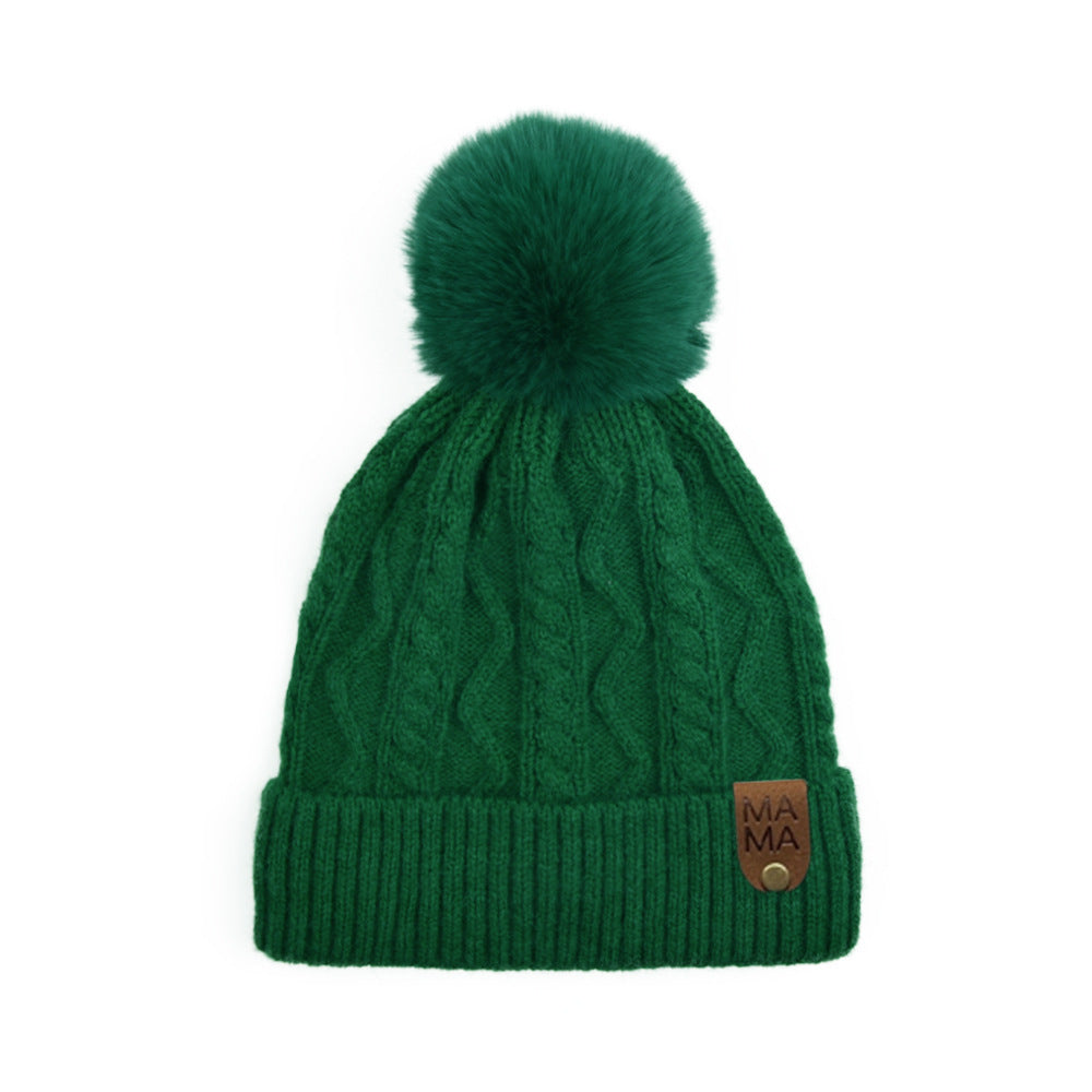 Wholesale Autumn and Winter Fleece Leather Label MINI Double Wool Ball Outdoor Warm Detachable Knitted Hat