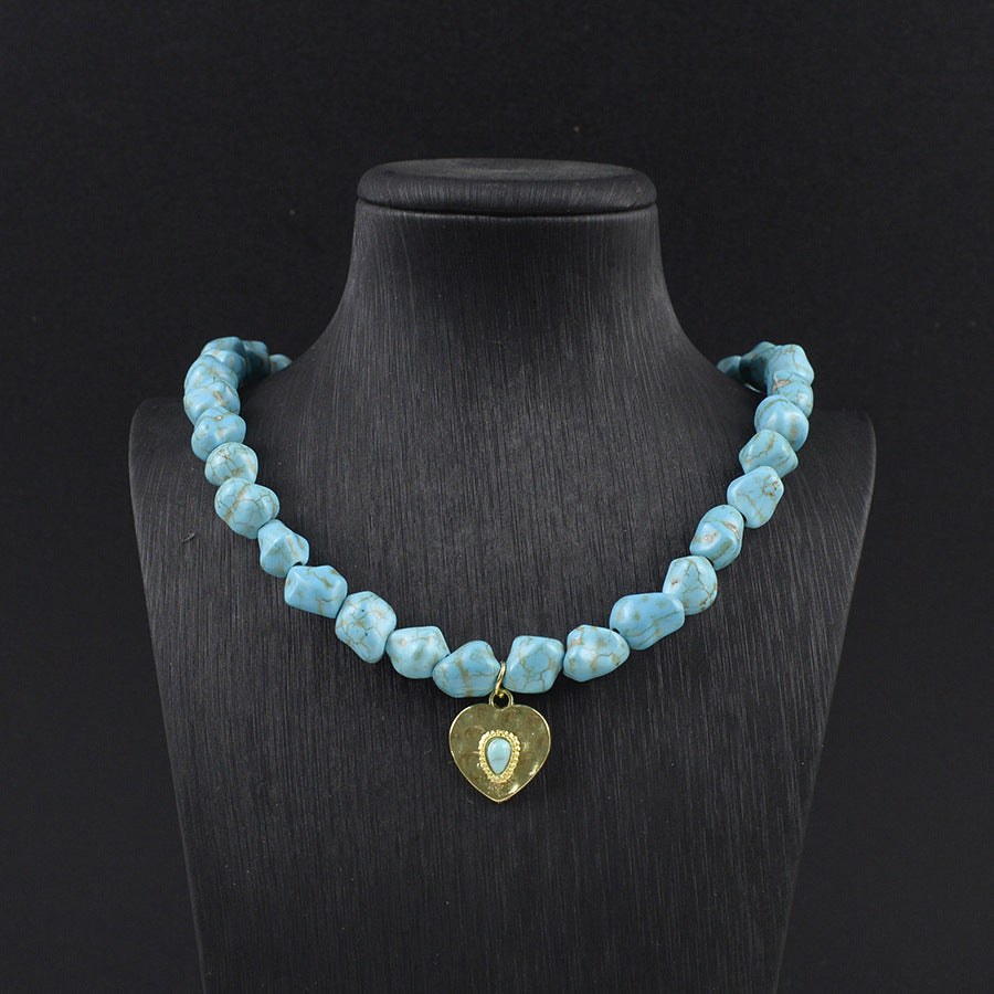 Wholesale Bohemian Turquoise Bead Necklace With Heart Pendant Zinc Alloy Electroplated Trendy Party Jewelry For Women Boutique Resale