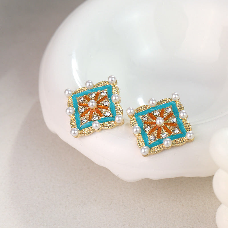 Wholesale New Chinese Retro Tile Geometric Square Color Oil Drop Inlaid Pearl Silver Needle Alloy Earrings