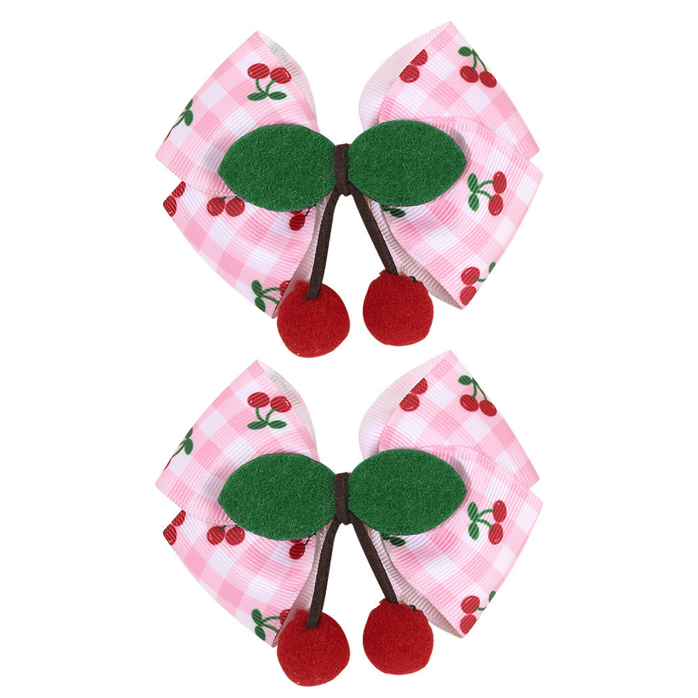 Wholesale Pink Plaid Cherry Print Bow Hairpin
