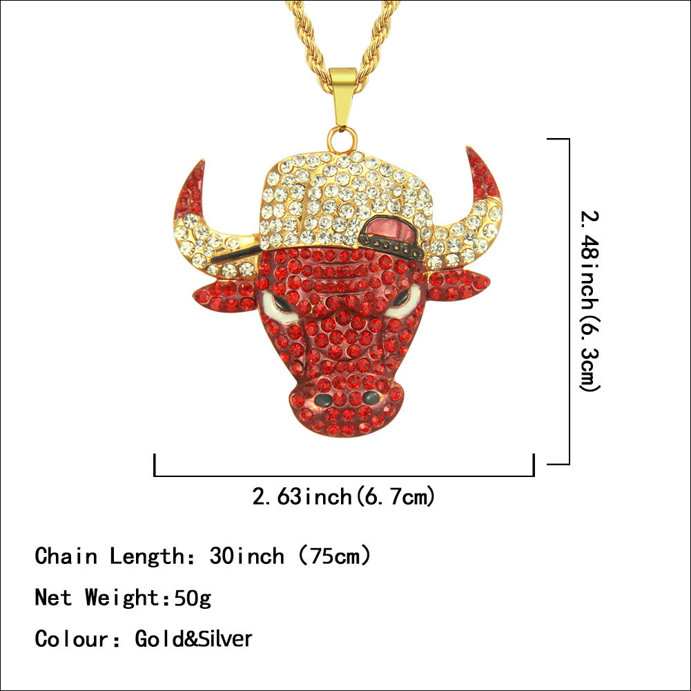 Wholesale Diamond Domineering Bull Head Pendant Accessories Punk Men's Necklace
