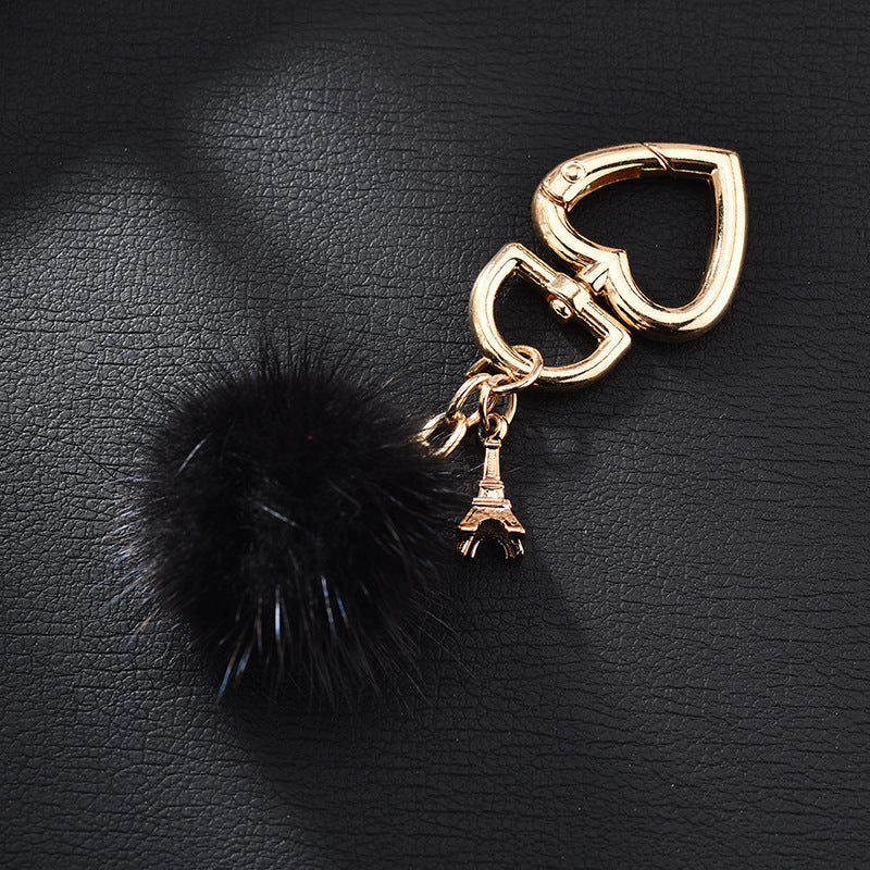 Wholesale mink fur love keychain elegant fur small pendant fur ball alloy love keychain
