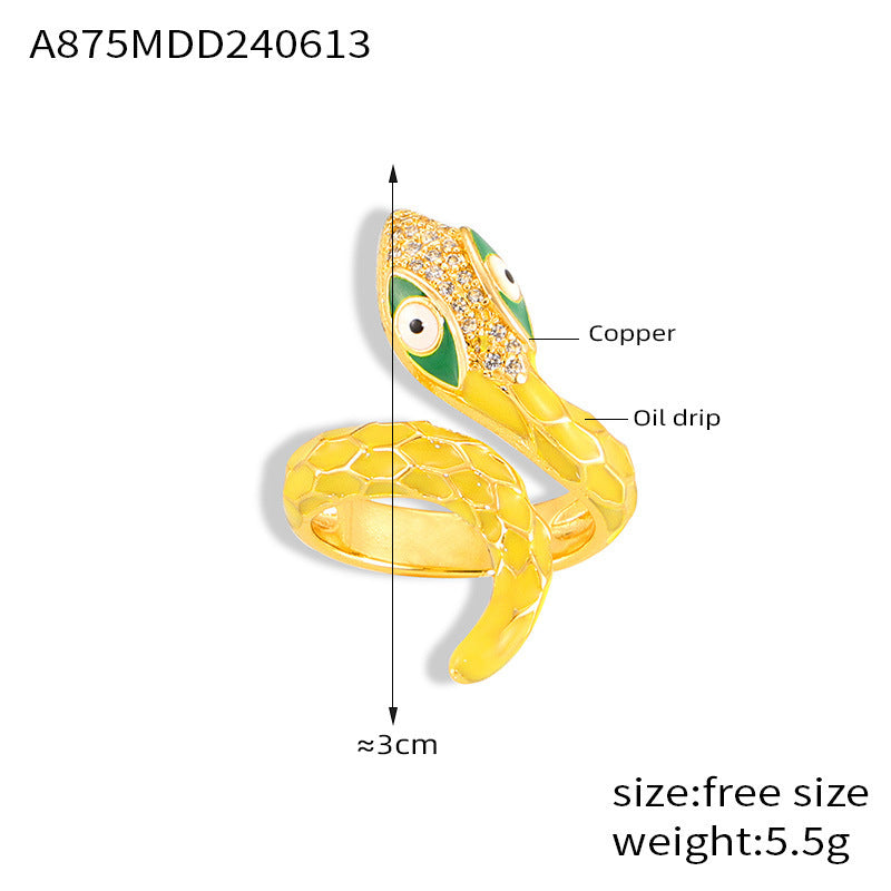 Wholesale  New All-match Color Oil Dripping Ins Wind Finger Ring Copper Gold Plated Diamond Three-dimensional Snake-shaped Winding Open Ring