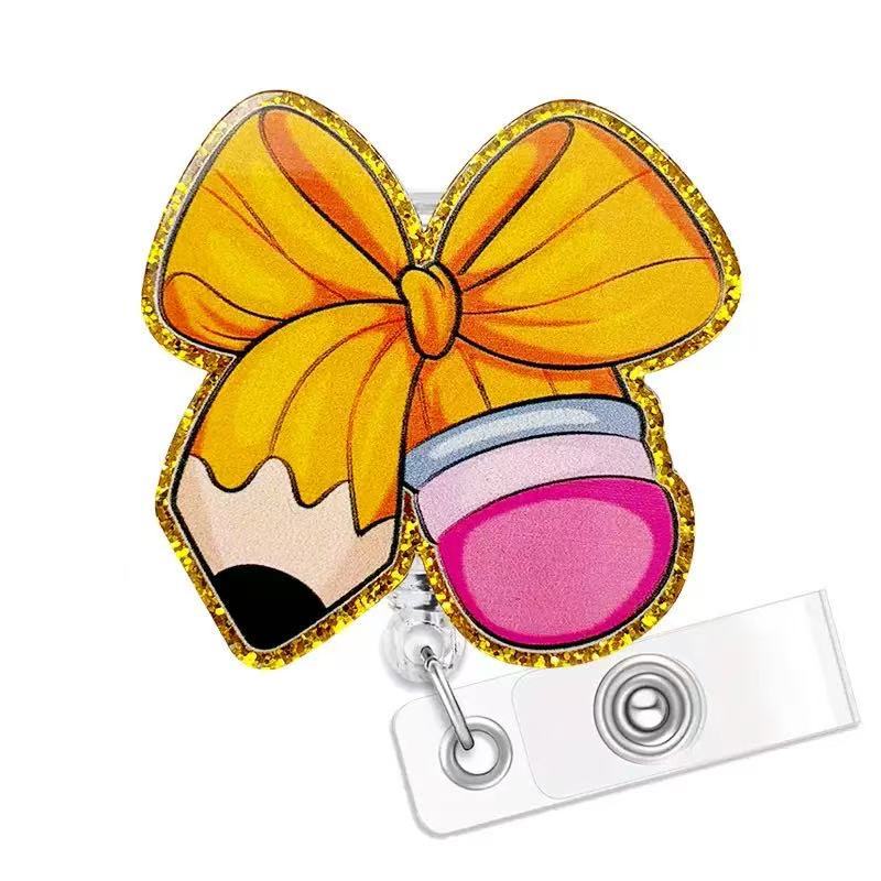 Wholesale Acrylic ID card clip with bow tie  retractable name tag holder easy-pull buckle Badge Reels