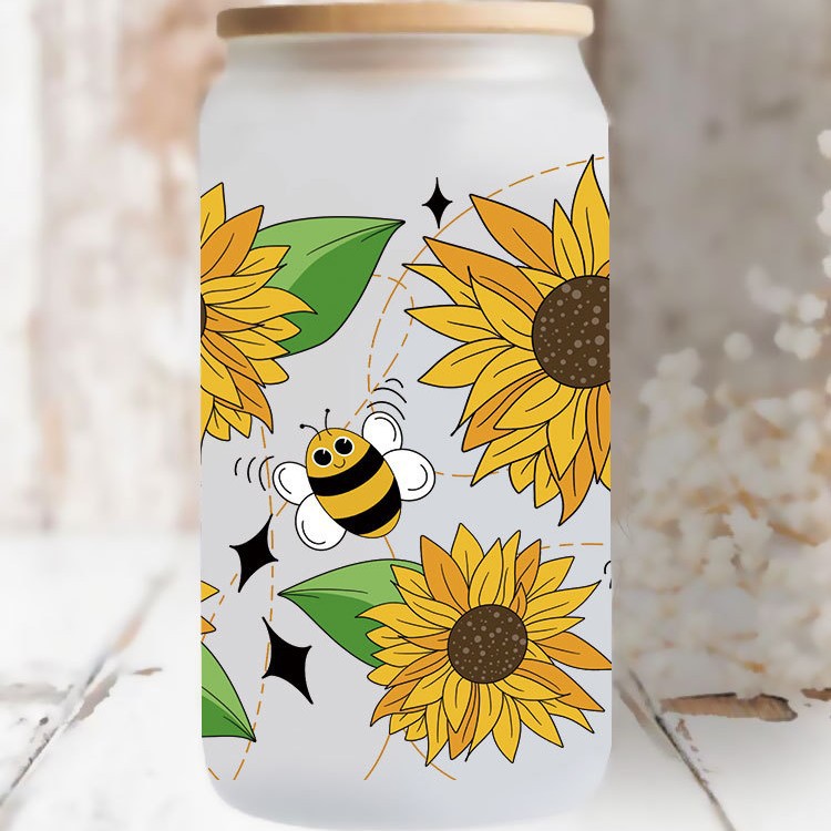 Wholesale Sunflower blossom Uv Transfer Sticker Glass Cup 16oz Cup UV DTF Wraps