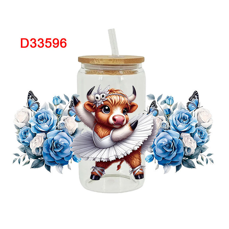 Wholesale Colorful flowers Western style cute cow 16oz Cup UV DTF Wraps