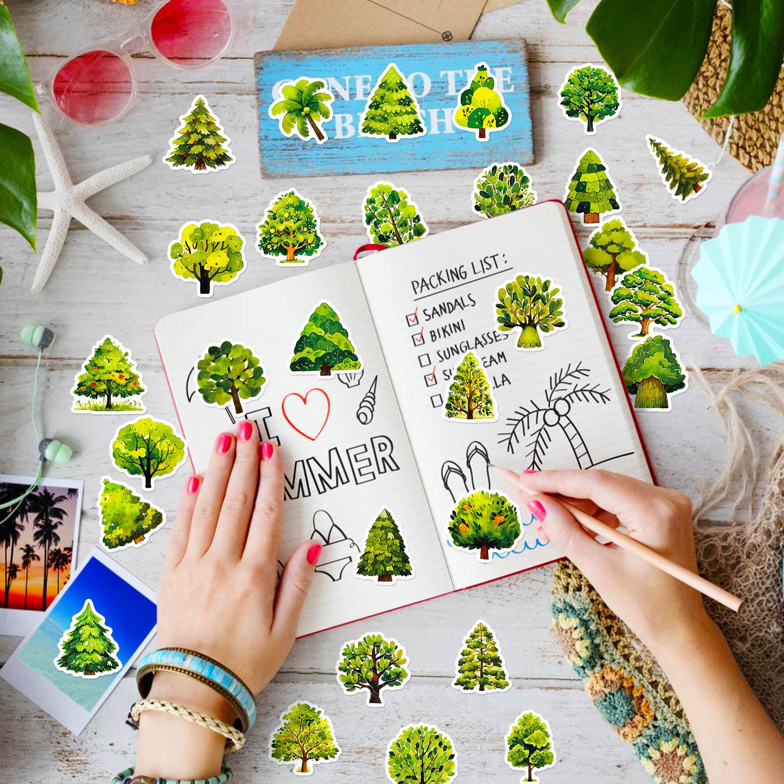 Wholesale 50 Cute Cartoon Green Trees Graffiti Stickers