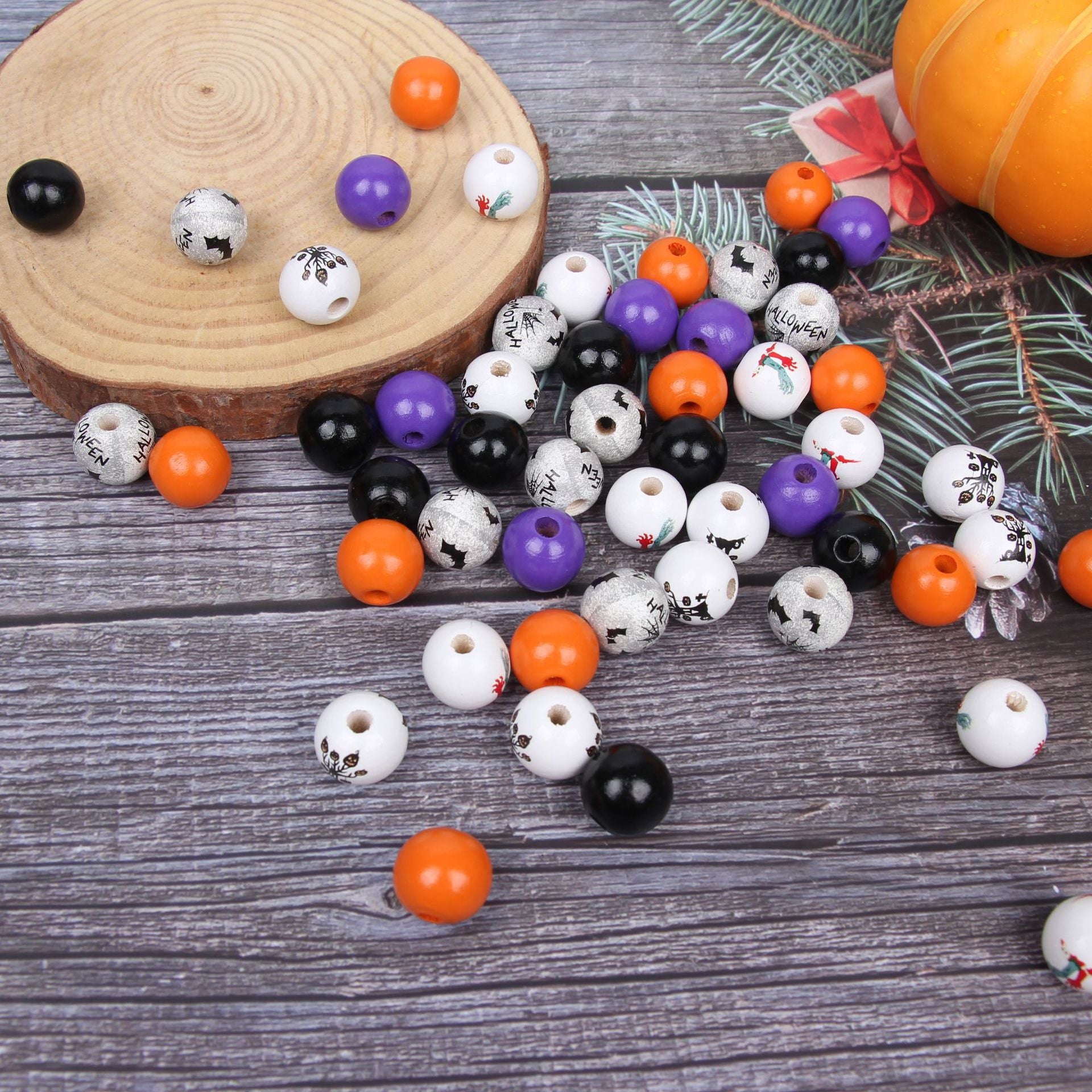 Wholesale 20pcs Halloween Bat Pumpkin Tree Tassel Accessories Wooden Beads
