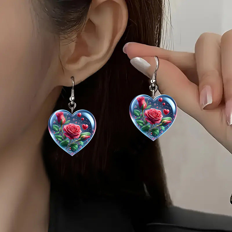 Wholesale Valentine' s Day Heart Red Rose Acrylic Earrings