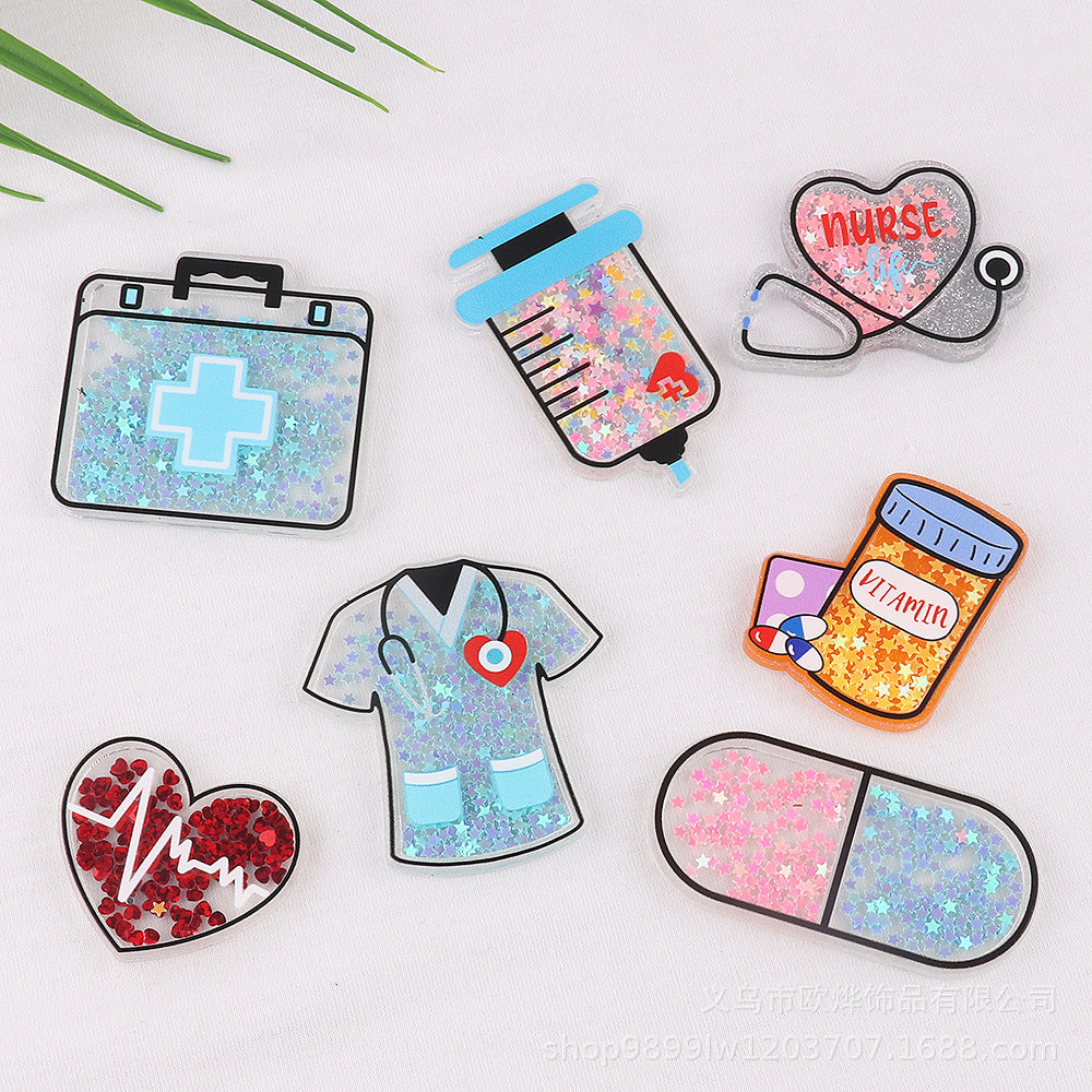 Wholesale 10pcs FlatBack Quicksand Cartoon Nurse Clothes Medical Acrylic Patch