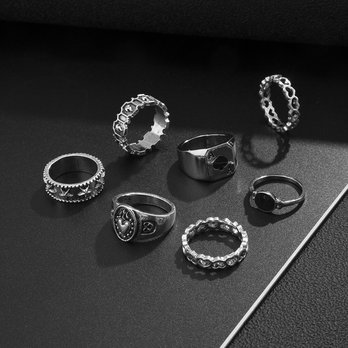 Wholesale Men's metal ring set geometric hollow oil drop ring set ring combination