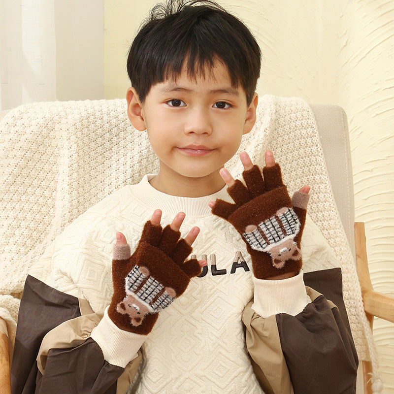 Wholesale Winter Thickened Children's Cartoon Panda Half Finger Flip Gloves