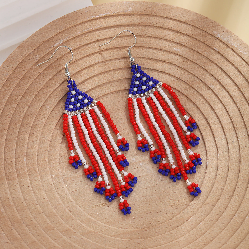 Wholesale of American Flag Rice Bead Tassels Hand Woven Earrings