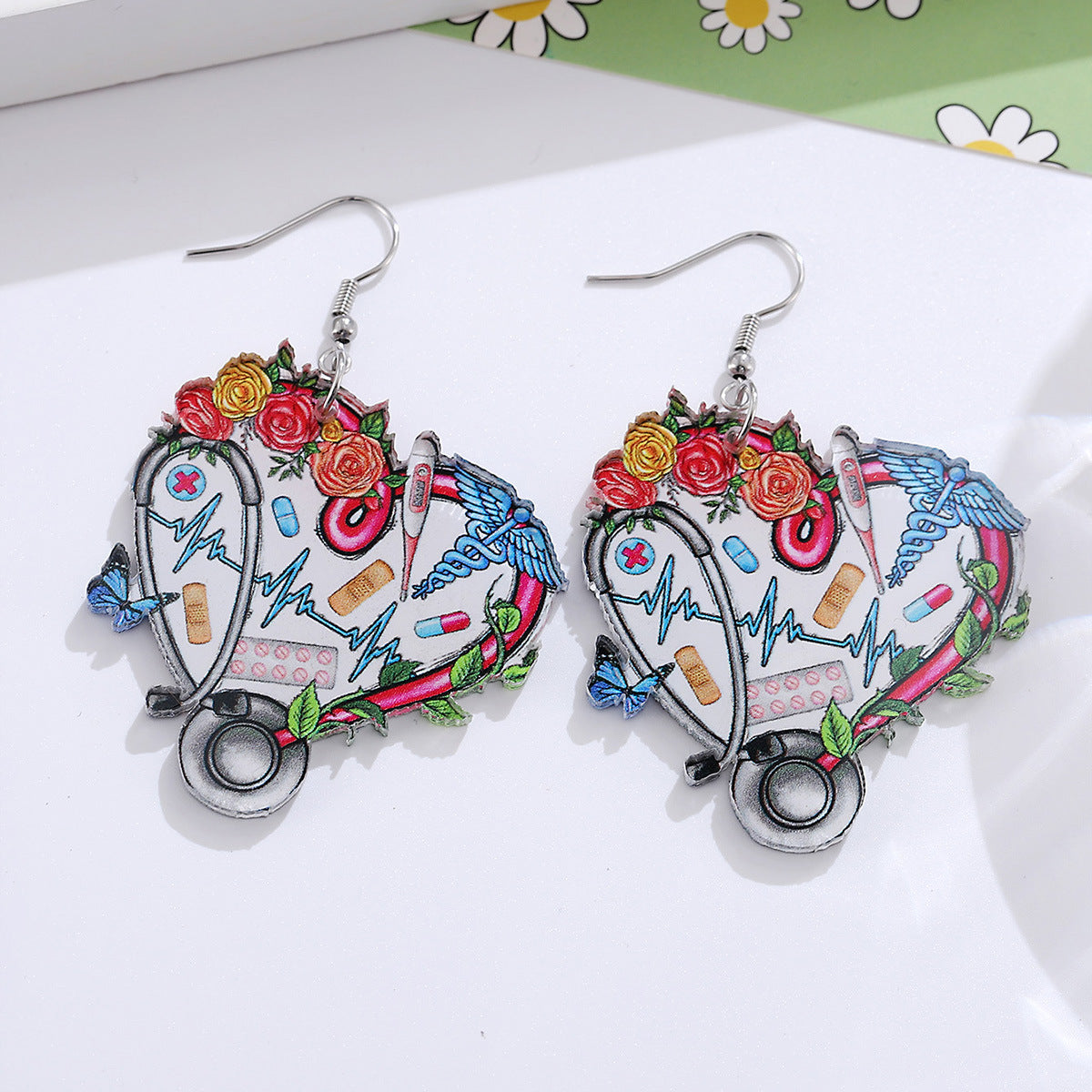 Wholesale Stethoscope Cow Print Heart Flower Pendant Earrings